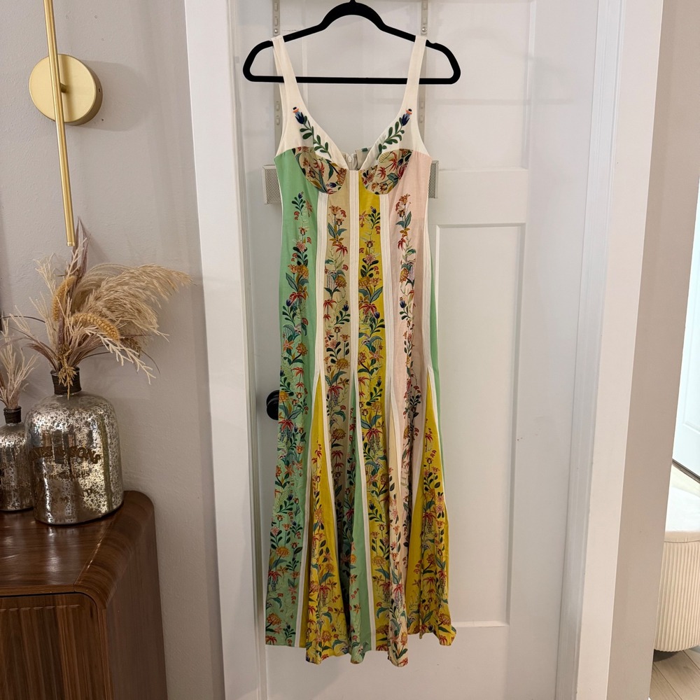 FARM Rio Delicate Floral Stripe Dress Midi Embroidered Patchwork Boho XS NWT New